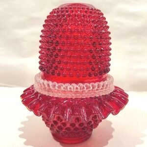 Vintage Fenton LG Wright Ruby Red Hobnail 3 Pc‎ Fairy Lamp Ruffled UV Glow